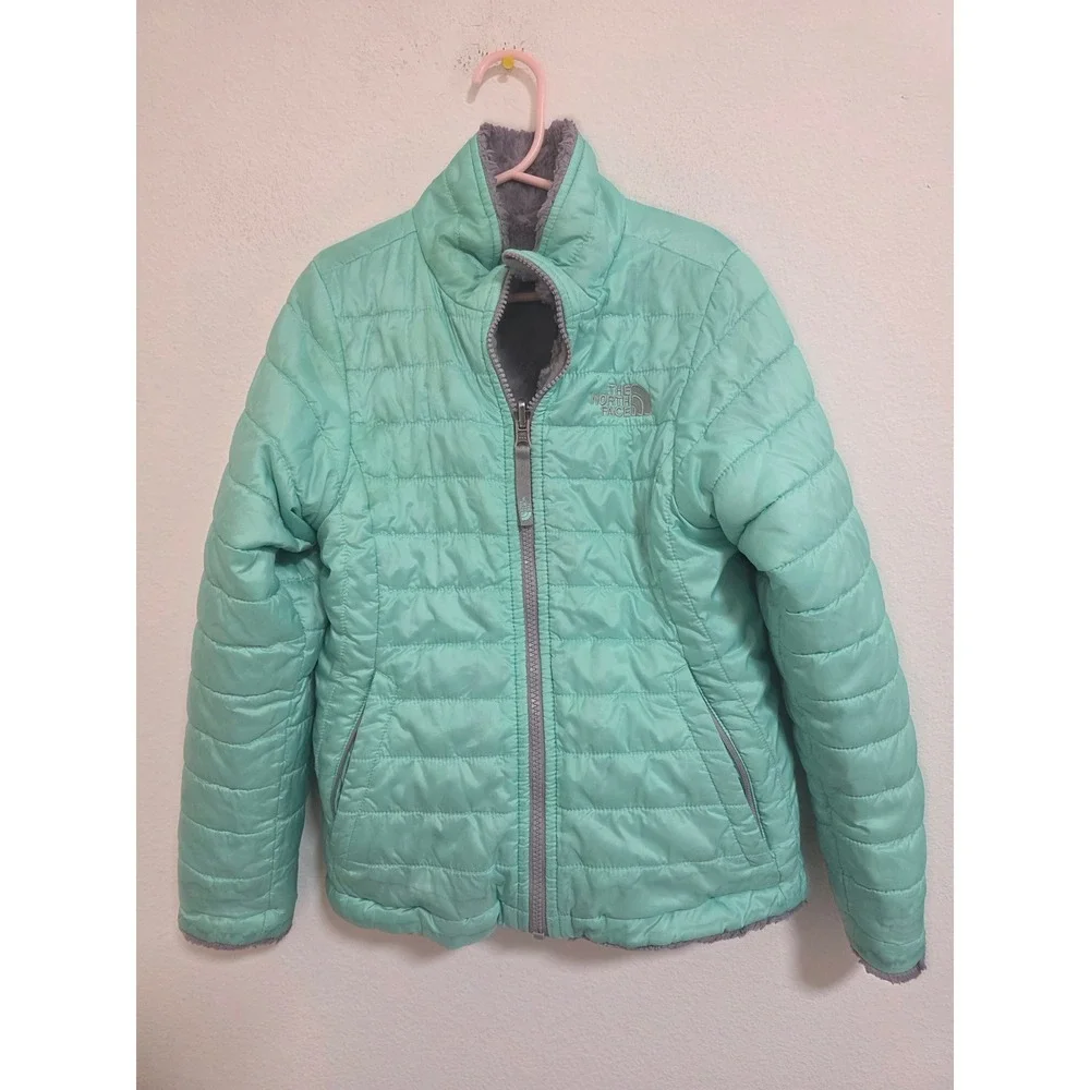 The North Face Girls Reversible Puffer Jacket Aqua Gray Fleece Kids Size 7/8 - Picture 1 of 6